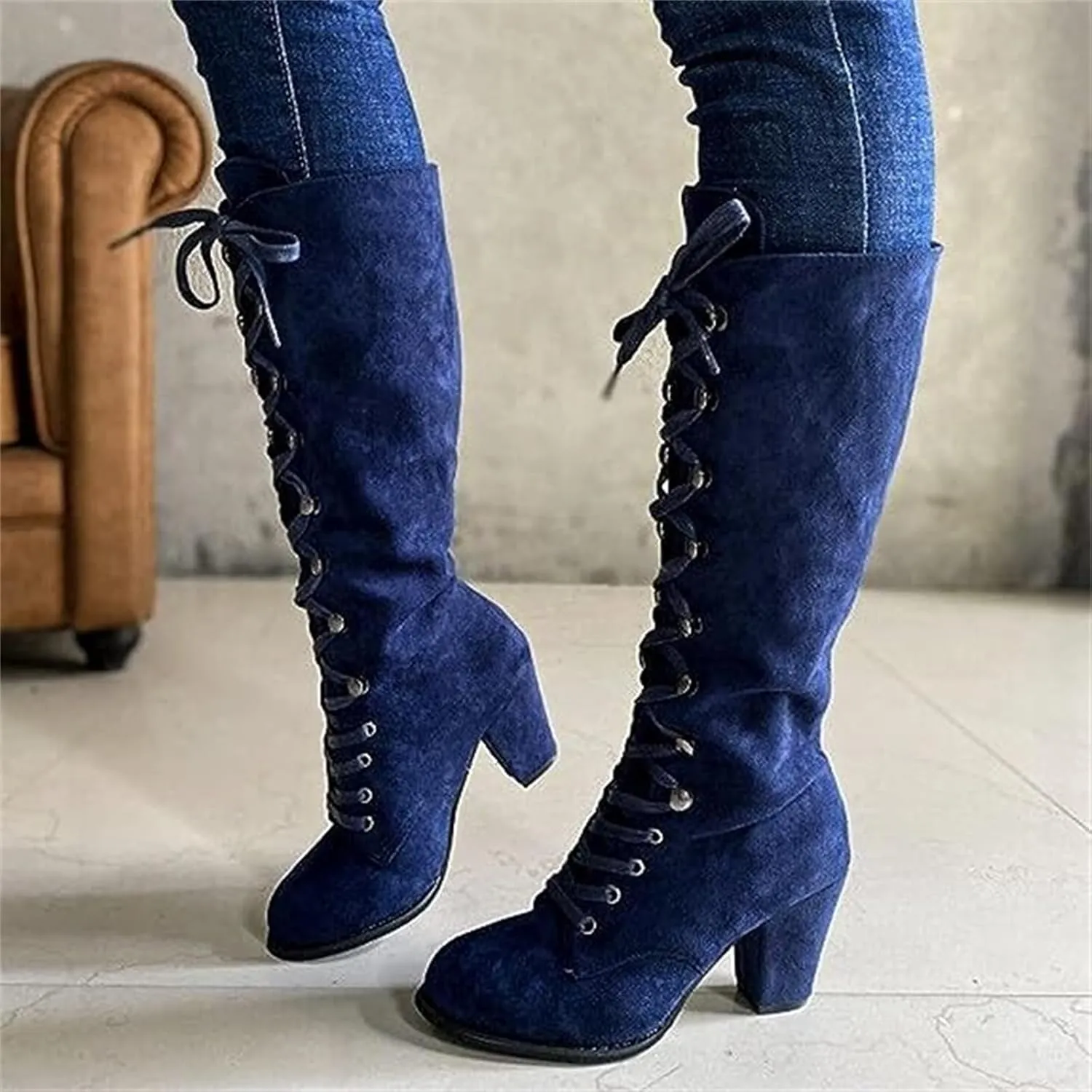Ladmiple Fall Boots Women Knee High Wide Calf Victorian Boots Round Toe Chunky Heel Lace Up Vintage Knight Western Boots