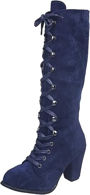 Ladmiple Fall Boots Women Knee High Wide Calf Victorian Boots Round Toe Chunky Heel Lace Up Vintage Knight Western Boots