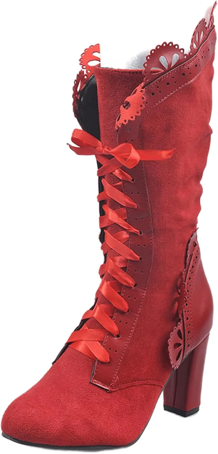 Ladmiple Fall Boots Women Knee High Wide Calf Victorian Boots Round Toe Chunky Heel Lace Up Vintage Knight Western Boots