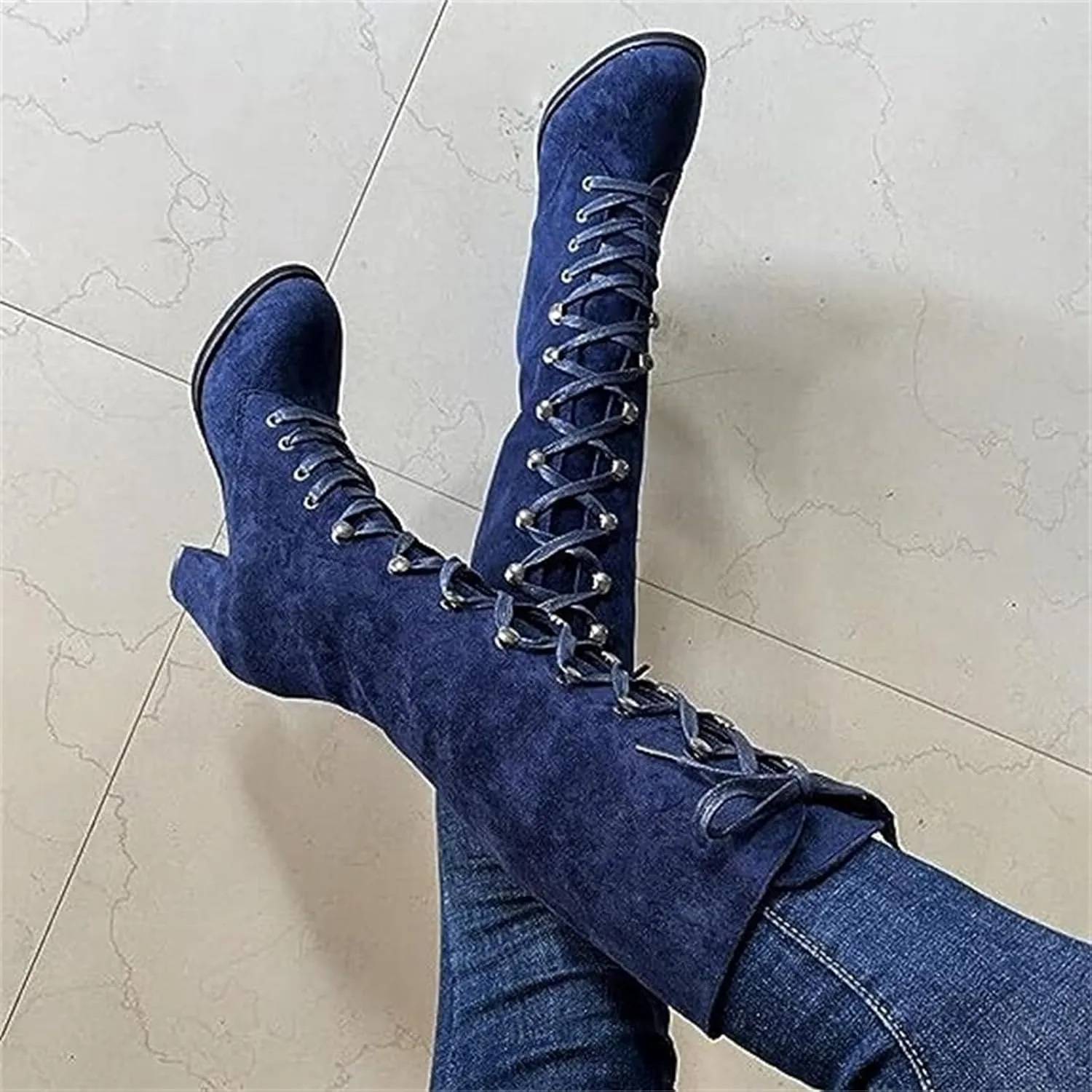 Ladmiple Fall Boots Women Knee High Wide Calf Victorian Boots Round Toe Chunky Heel Lace Up Vintage Knight Western Boots