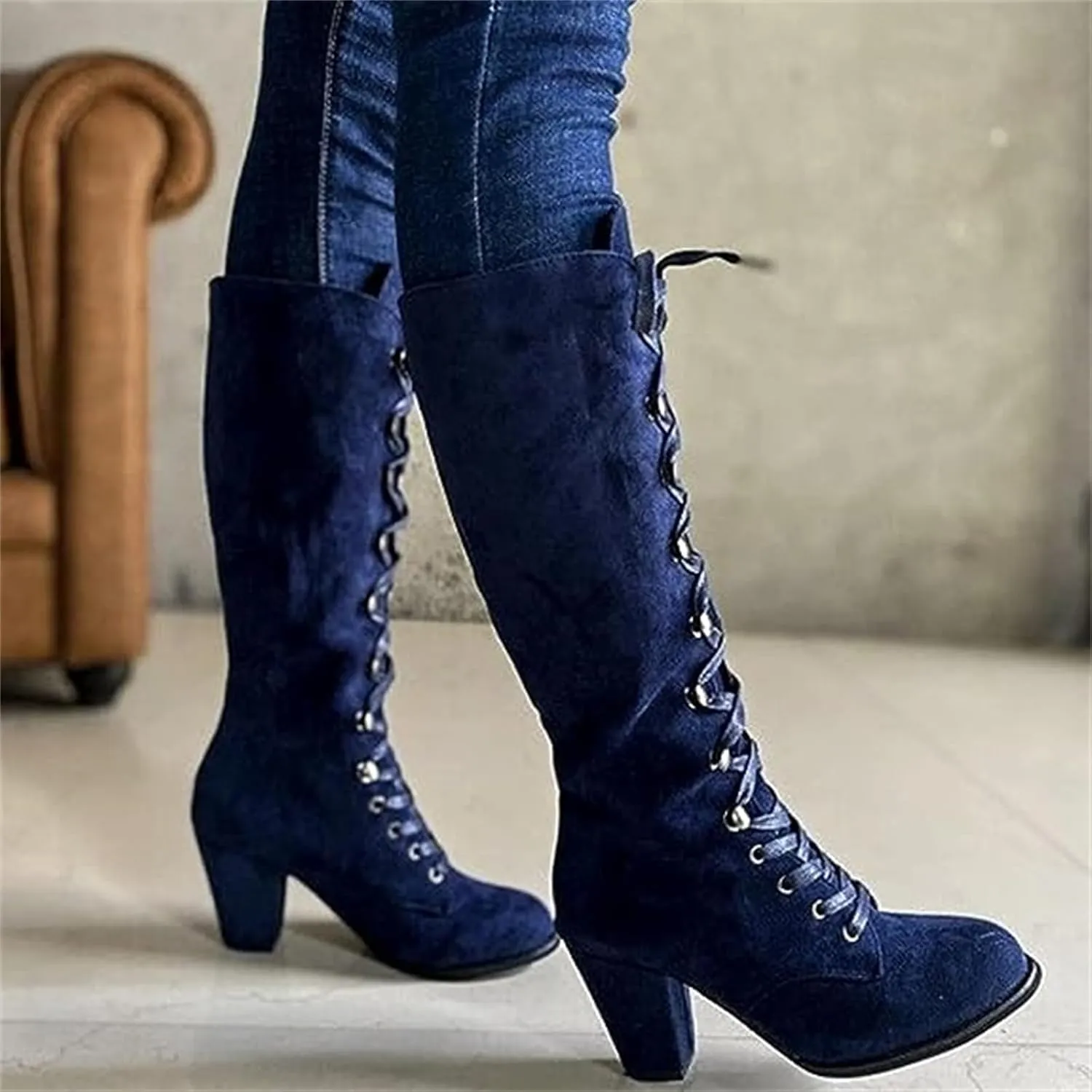 Ladmiple Fall Boots Women Knee High Wide Calf Victorian Boots Round Toe Chunky Heel Lace Up Vintage Knight Western Boots