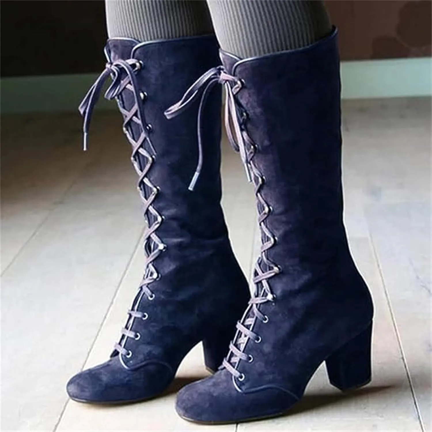 Ladmiple Fall Boots Women Knee High Wide Calf Victorian Boots Round Toe Chunky Heel Lace Up Vintage Knight Western Boots