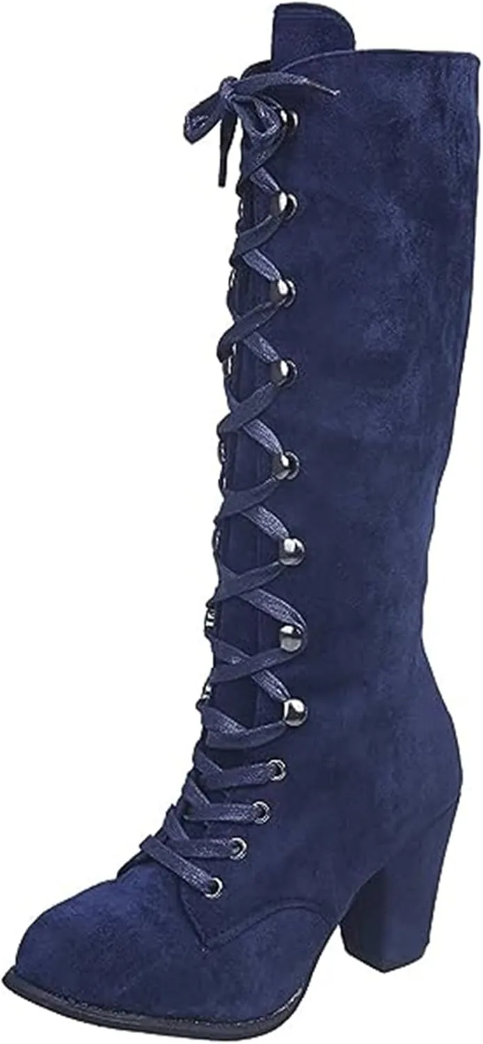 Ladmiple Fall Boots Women Knee High Wide Calf Victorian Boots Round Toe Chunky Heel Lace Up Vintage Knight Western Boots