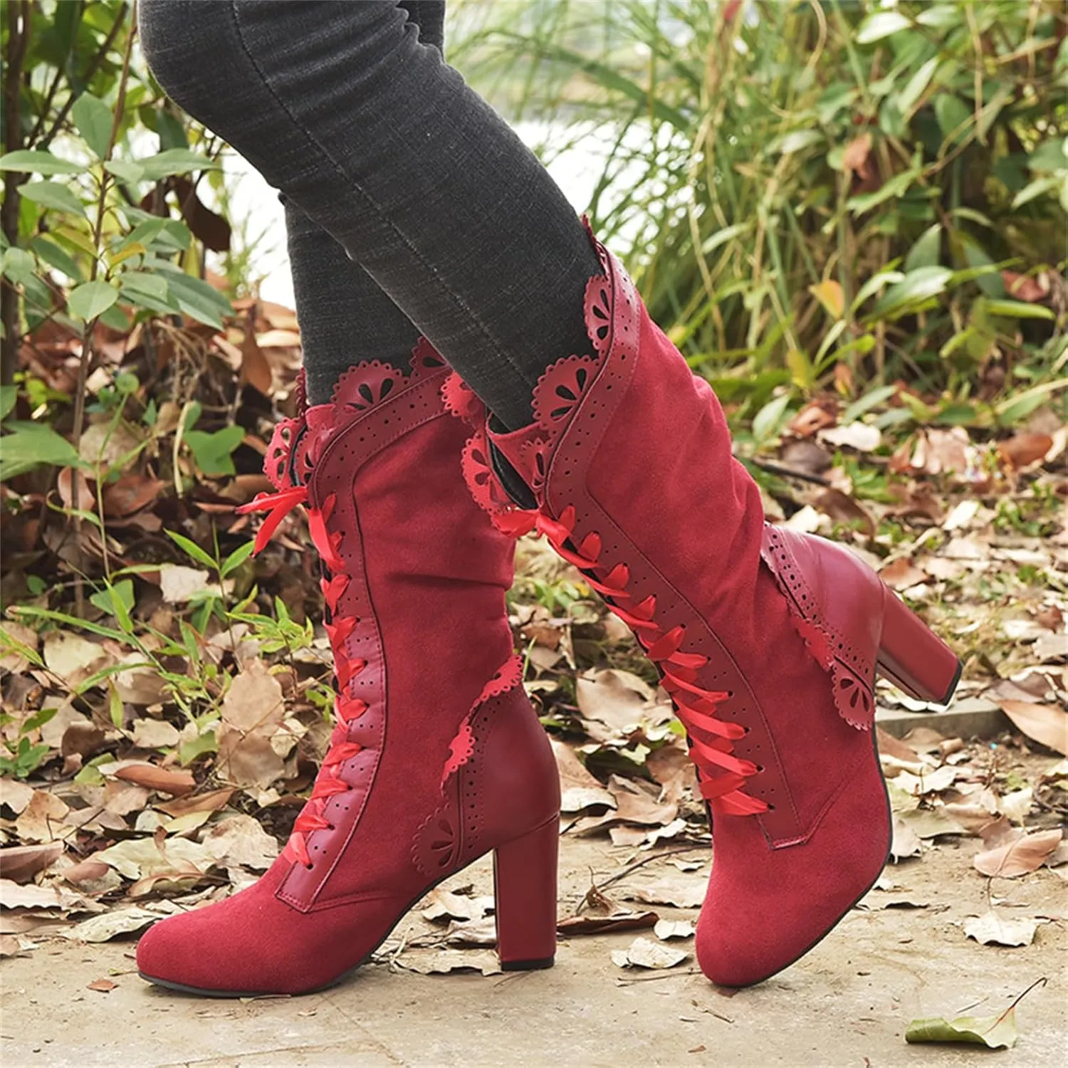 Ladmiple Fall Boots Women Knee High Wide Calf Victorian Boots Round Toe Chunky Heel Lace Up Vintage Knight Western Boots