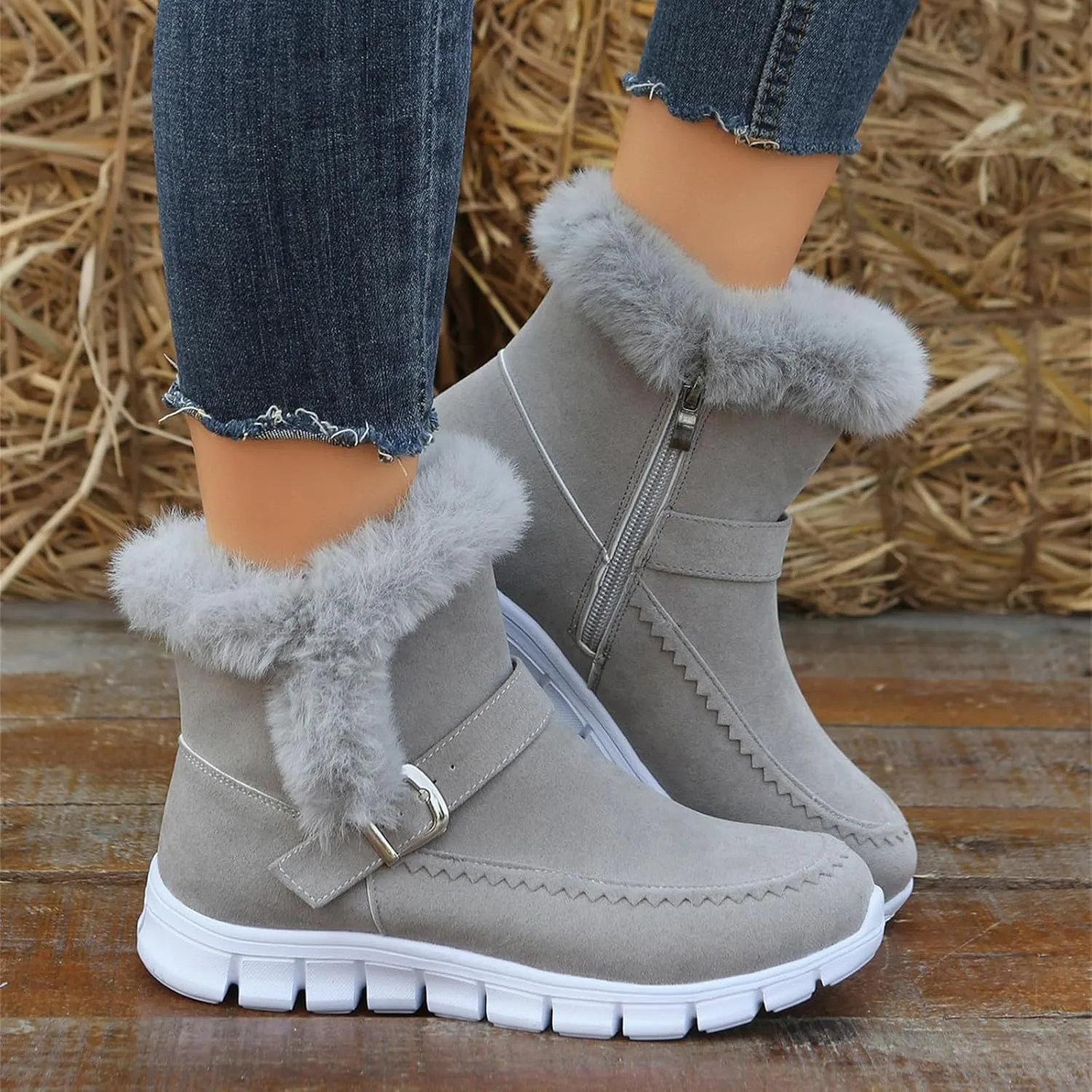 Ladmiple Snow Boots For Women Wide Calf Winter Boots Slip on Insulated Fur Lined Cold Weather Comfortable Warm Ankle Booties