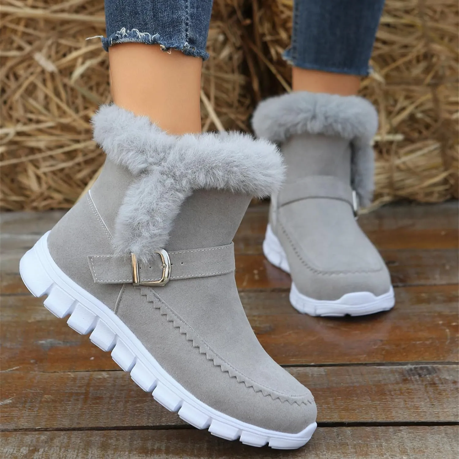 Ladmiple Snow Boots For Women Wide Calf Winter Boots Slip on Insulated Fur Lined Cold Weather Comfortable Warm Ankle Booties