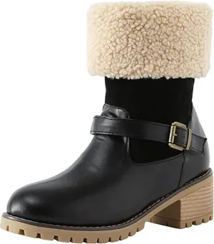Ladmiple Winter Boots For Women Tall Mid Calf Casual Warm Fur-Lined Comfortable Winter Snow Boots Outdoor Walking Shoes