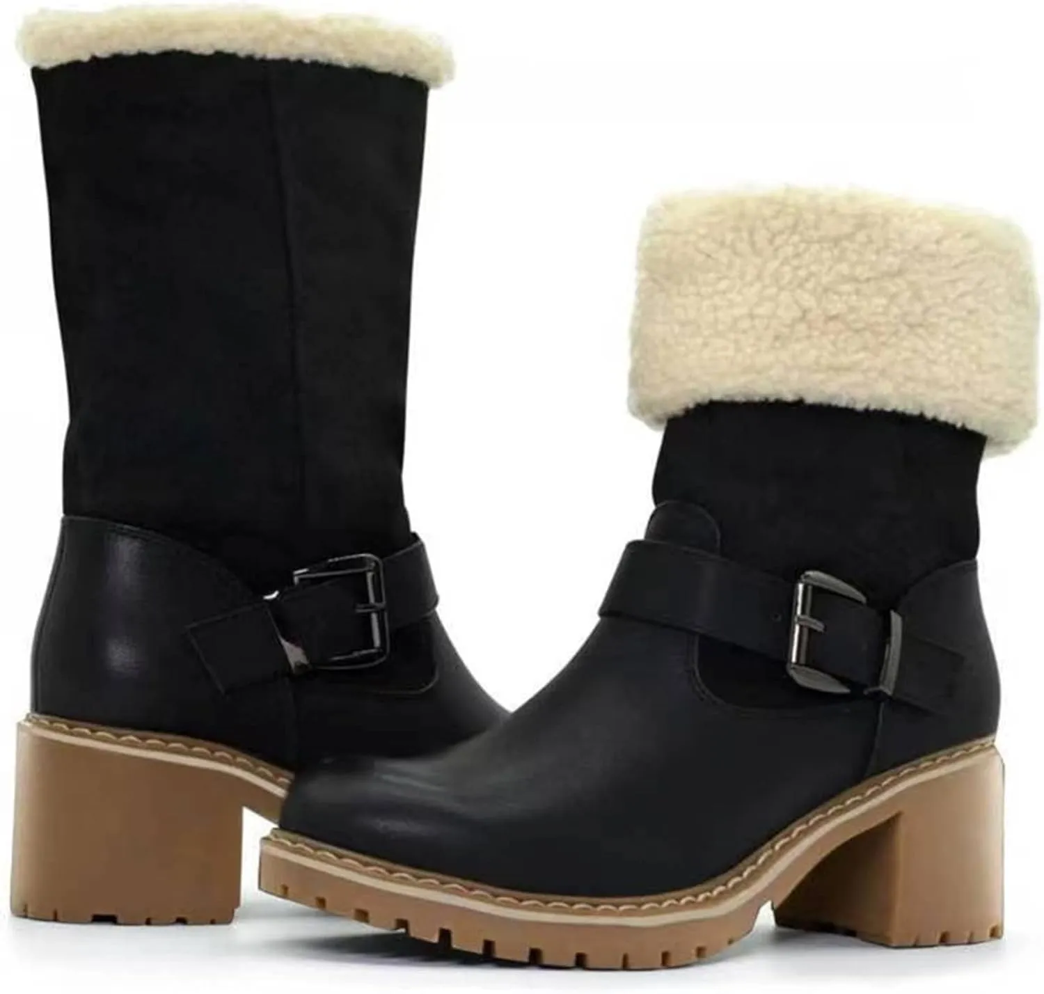 Ladmiple Winter Boots For Women Tall Mid Calf Casual Warm Fur-Lined Comfortable Winter Snow Boots Outdoor Walking Shoes