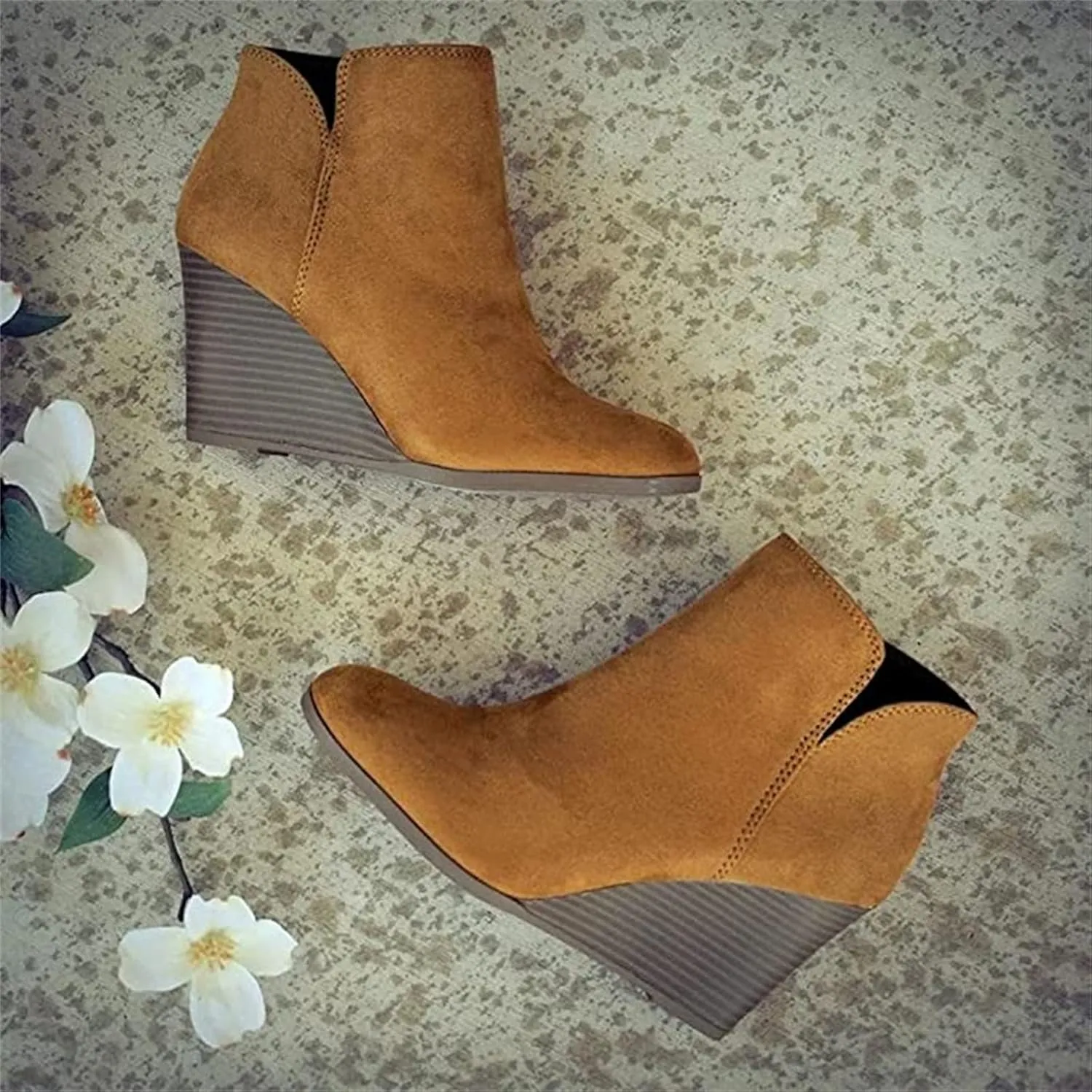 Lausiuoe Wedge Booties For Women Closed Toe Ankle Boots Slip on Casual Fashion Platform Western Heeled Fall Booties