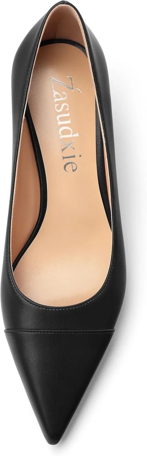 Low Heel Pumps for Women, Closed Pointed Toe Slip On Solid Matte Kitten Low Heel Dress Shoes 2 Inch