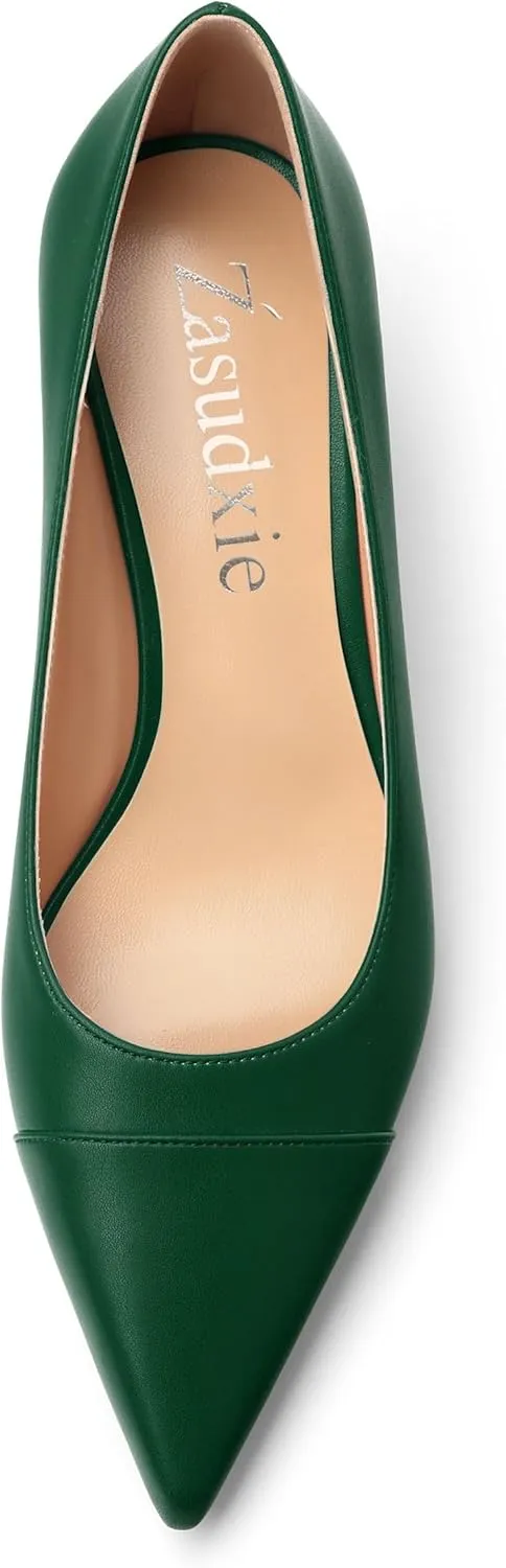 Low Heel Pumps for Women, Closed Pointed Toe Slip On Solid Matte Kitten Low Heel Dress Shoes 2 Inch