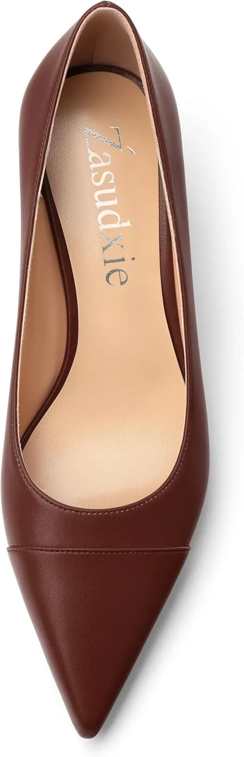 Low Heel Pumps for Women, Closed Pointed Toe Slip On Solid Matte Kitten Low Heel Dress Shoes 2 Inch