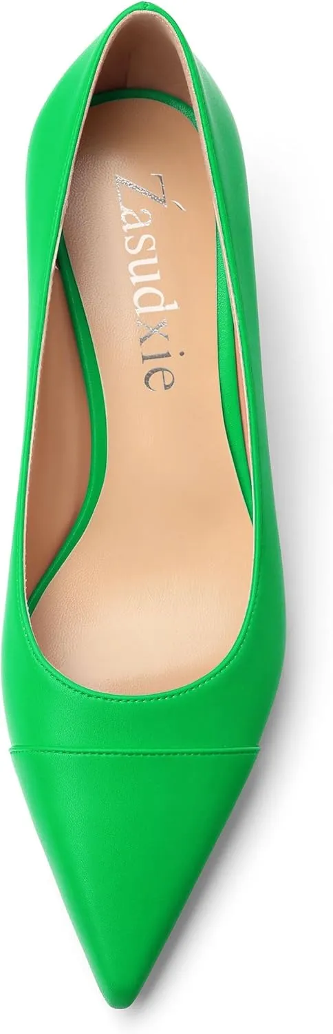Low Heel Pumps for Women, Closed Pointed Toe Slip On Solid Matte Kitten Low Heel Dress Shoes 2 Inch