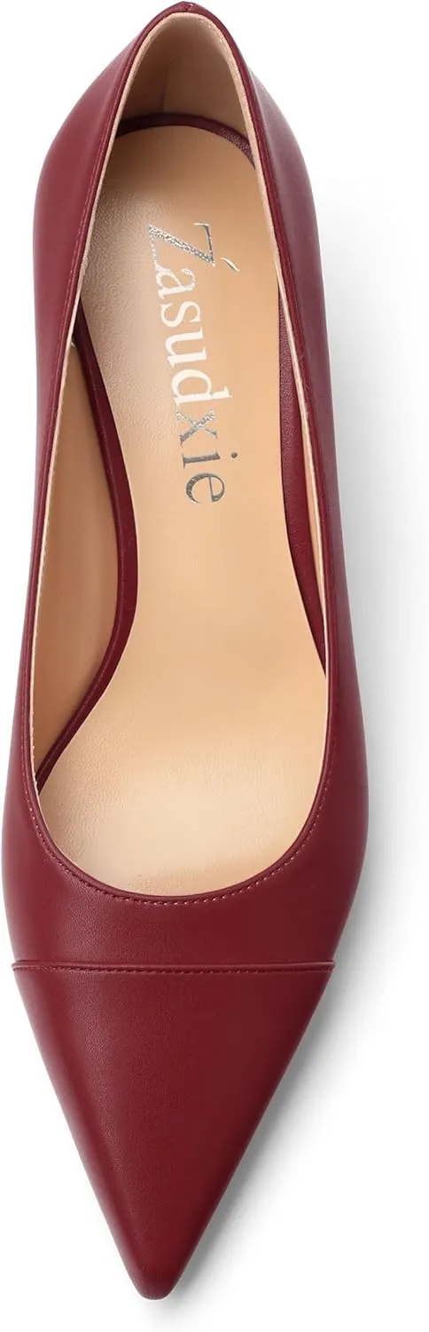 Low Heel Pumps for Women, Closed Pointed Toe Slip On Solid Matte Kitten Low Heel Dress Shoes 2 Inch
