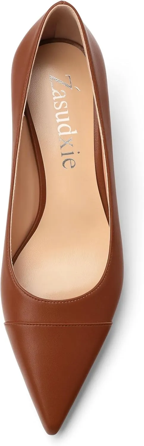 Low Heel Pumps for Women, Closed Pointed Toe Slip On Solid Matte Kitten Low Heel Dress Shoes 2 Inch