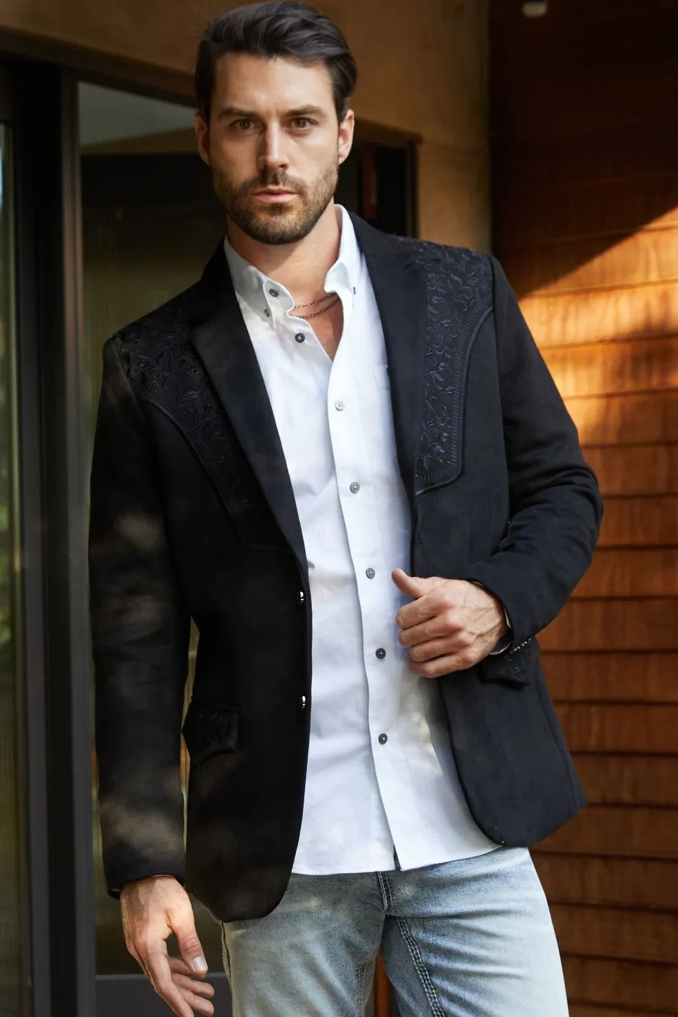 Men's Black Embroidered Faux-Suede Blazer from Platini Fashion