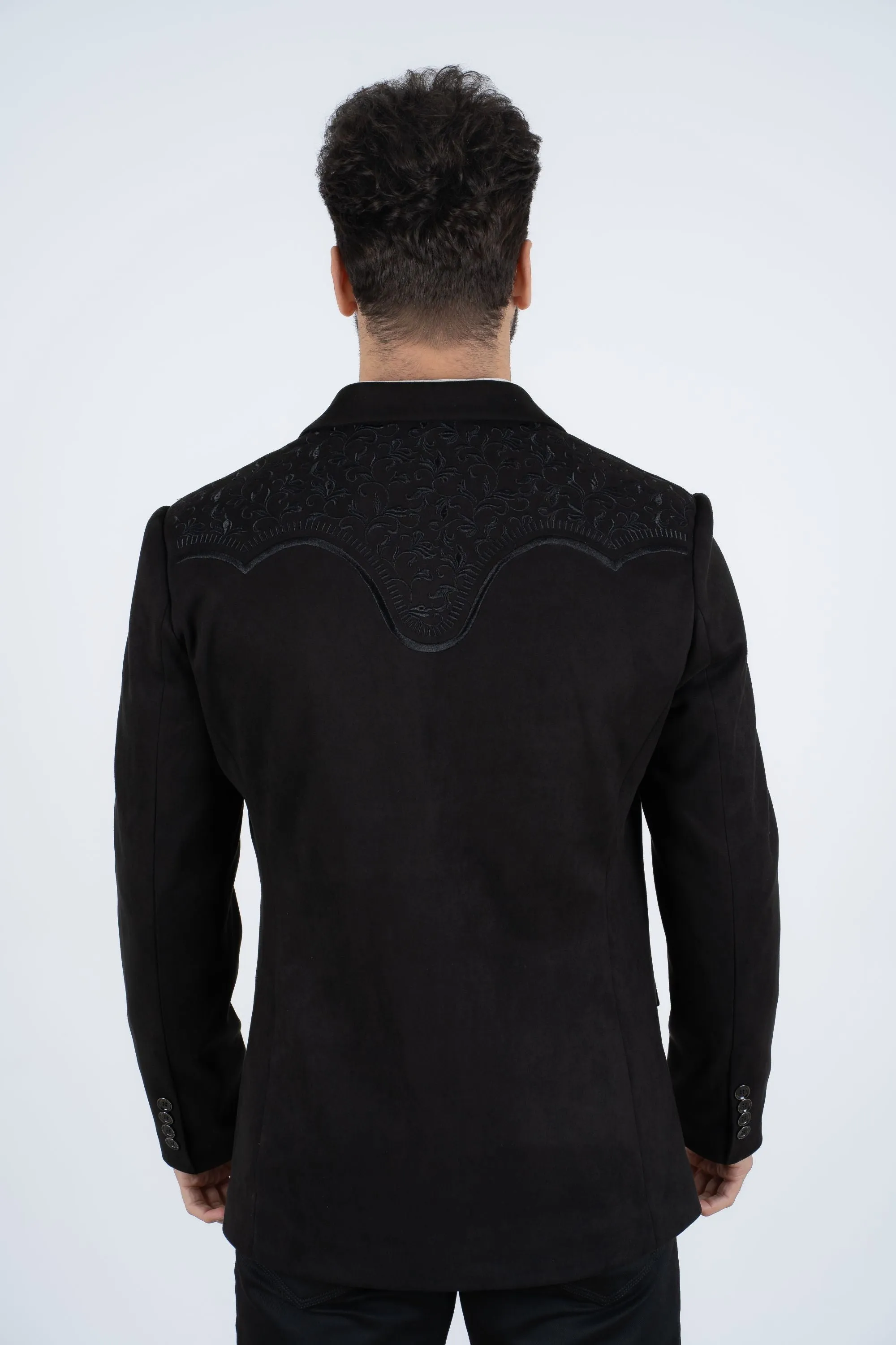 Men's Black Embroidered Faux-Suede Blazer from Platini Fashion