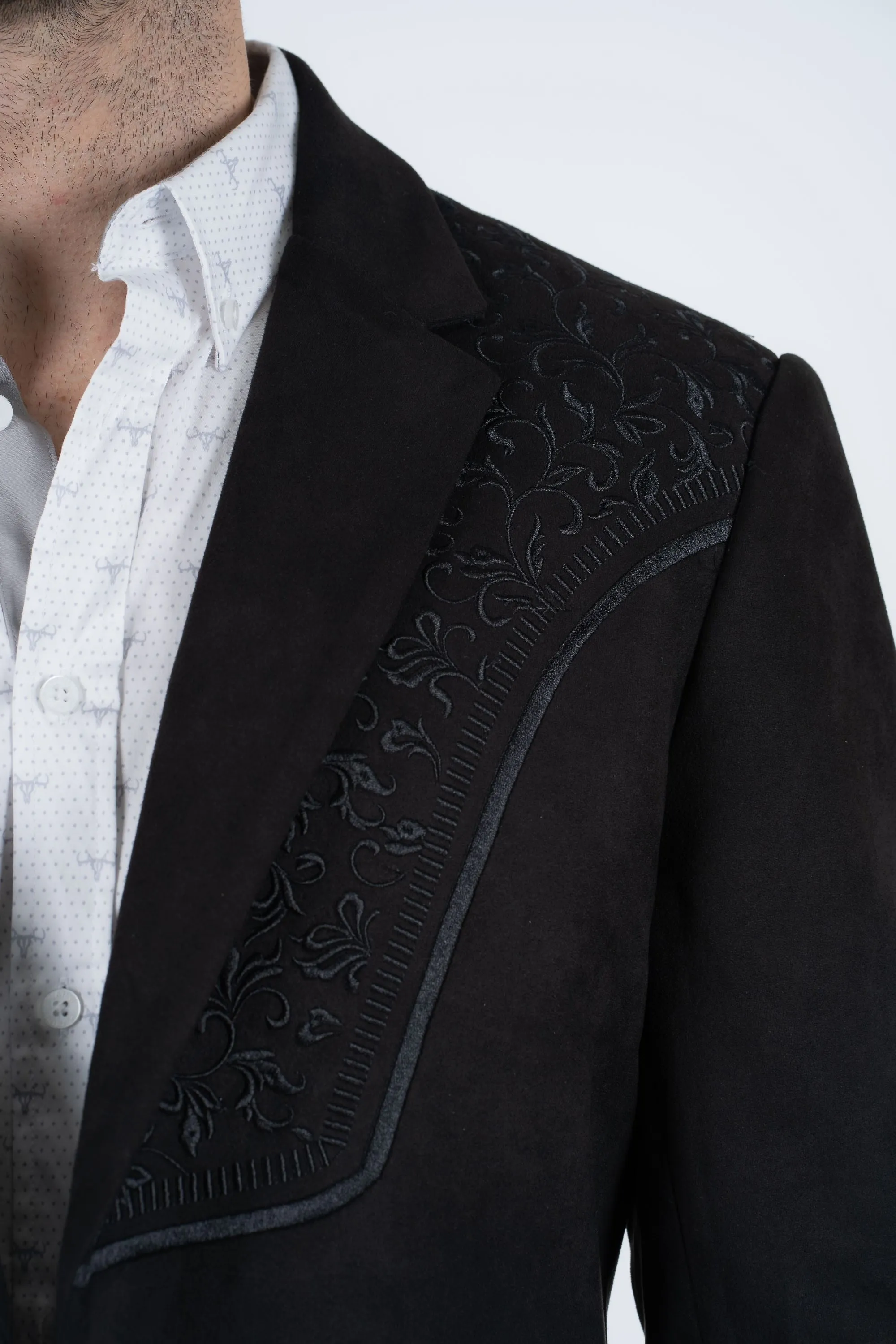 Men's Black Embroidered Faux-Suede Blazer from Platini Fashion