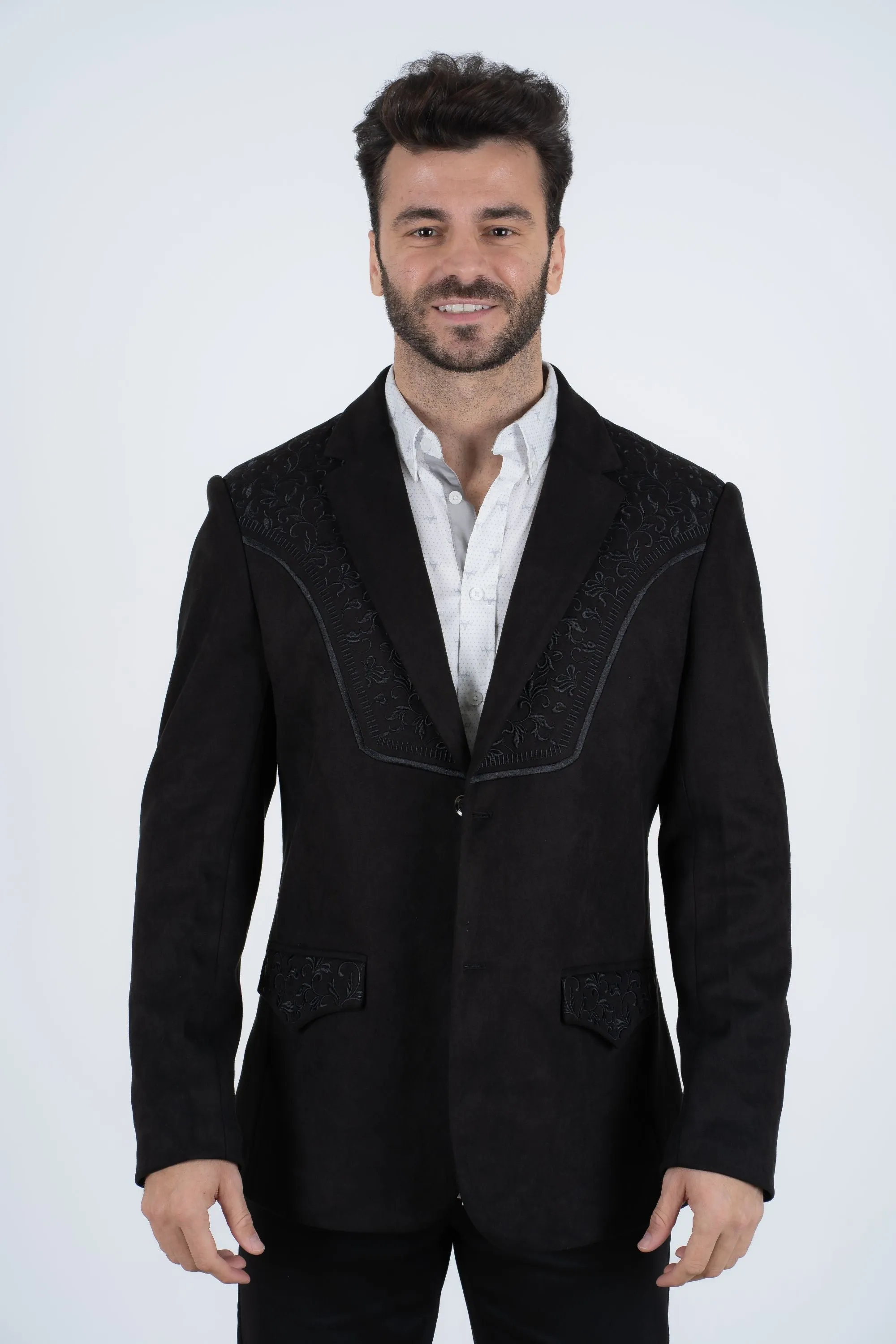 Men's Black Embroidered Faux-Suede Blazer from Platini Fashion