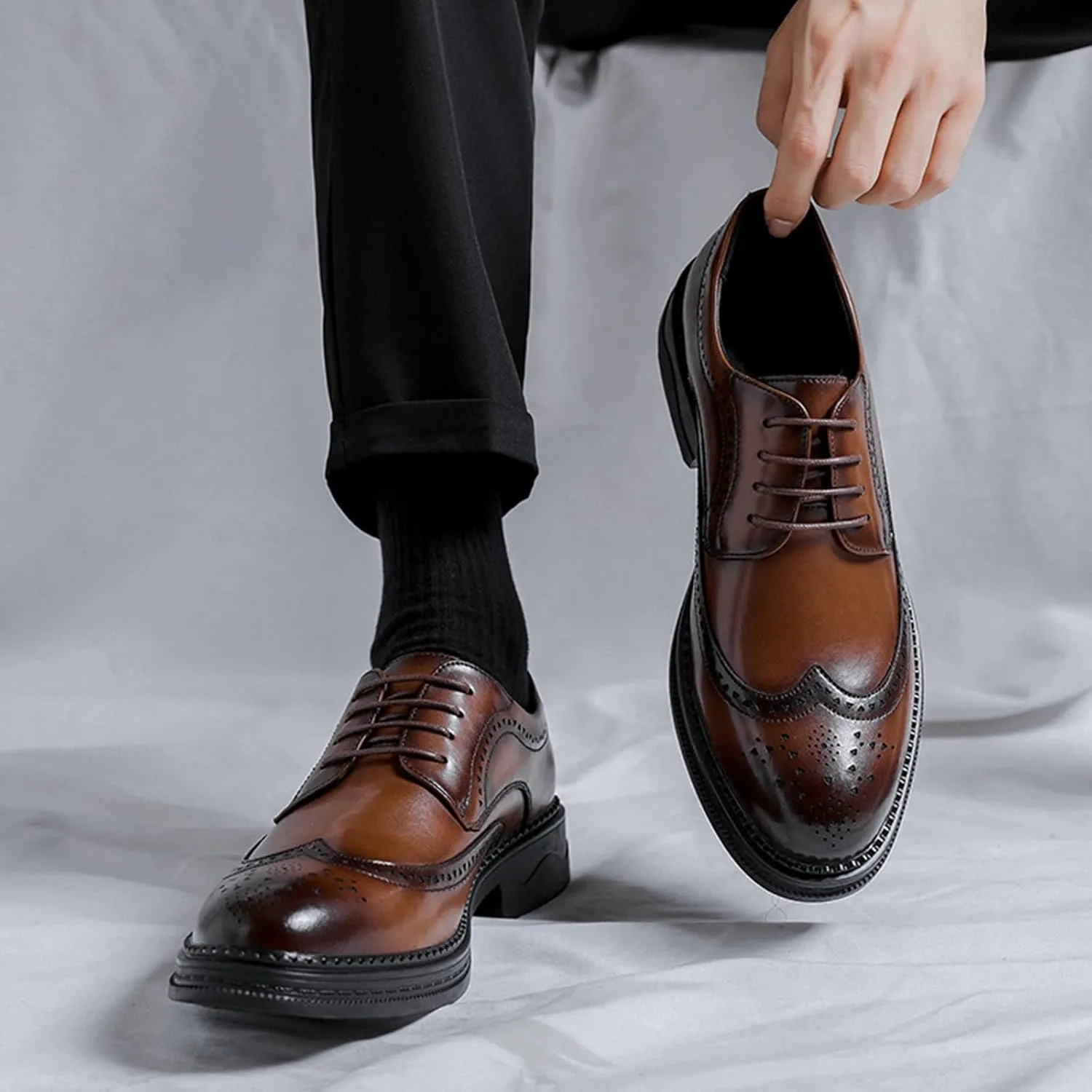 Men's Black Platform Shoes British Style Round Toe Leather Formal Shows