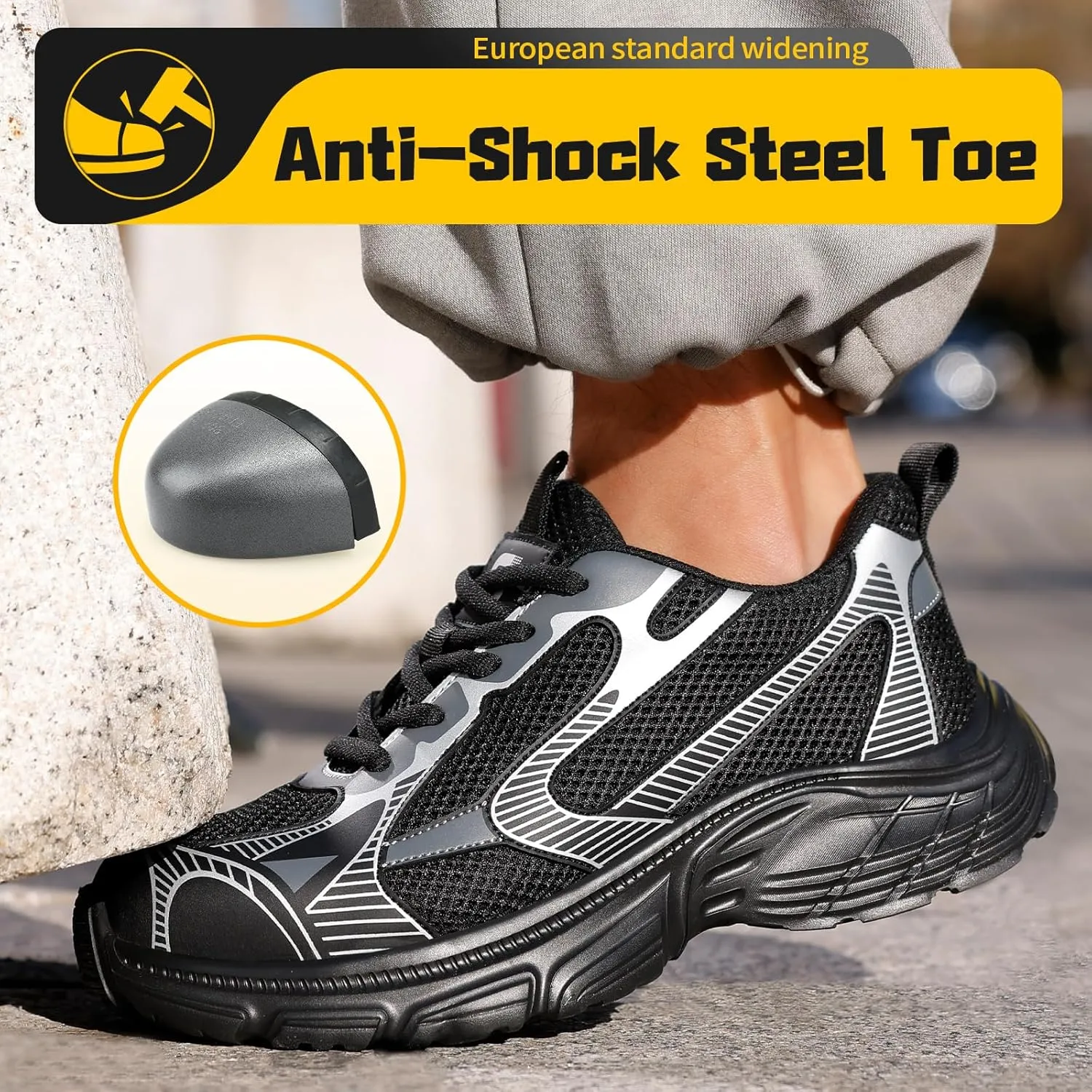 Men's Black Steel Toe Work Shoes, Industrial & Construction Shoes, Casual, Size 13