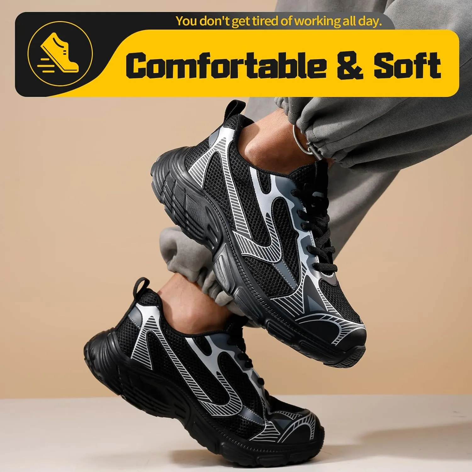 Men's Black Steel Toe Work Shoes, Industrial & Construction Shoes, Casual, Size 13