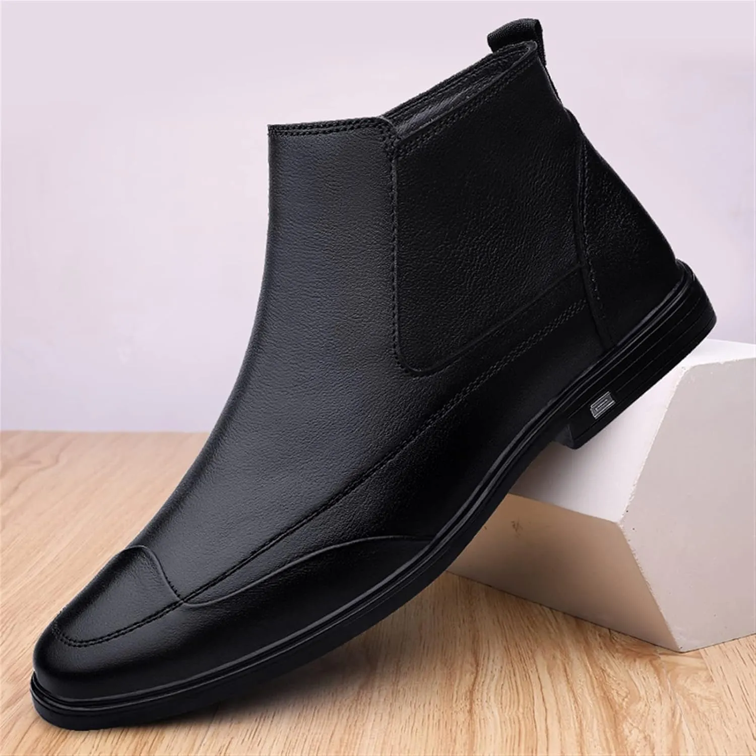 Men's Chelsea Ankle Boots Wave Cap Toe Cowhide Leather Anti-slip Waterproof Non Wearable Casual Dress Slip On