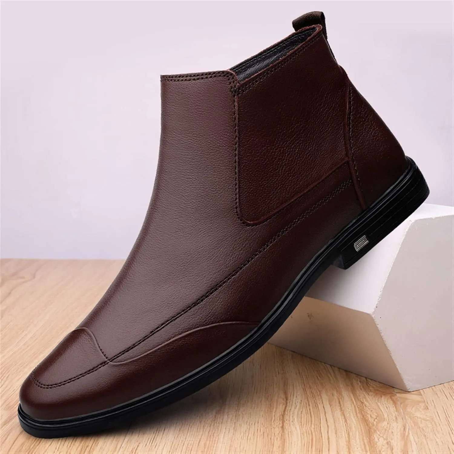 Men's Chelsea Ankle Boots Wave Cap Toe Cowhide Leather Anti-slip Waterproof Non Wearable Casual Dress Slip On