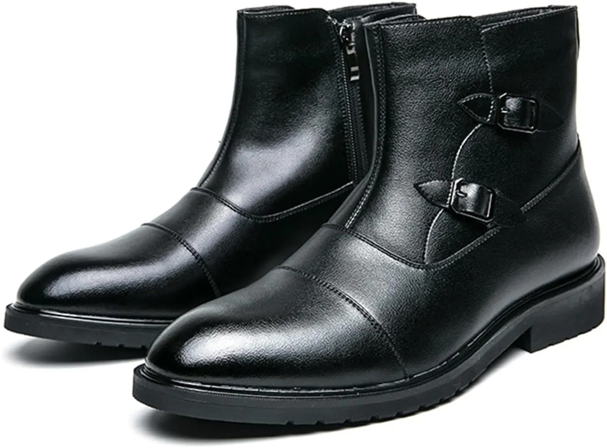 Men's Chelsea Boots Cap Toe With Two Buckle Side Zip Cowhide Leather Wearable Non Anti-slip Waterproof Fashion Dress Slip On