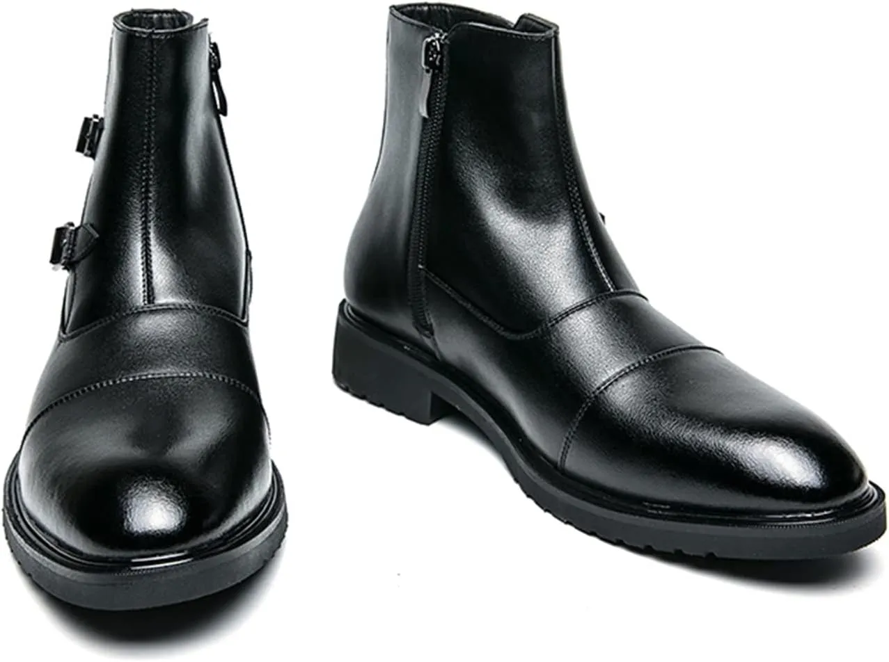 Men's Chelsea Boots Cap Toe With Two Buckle Side Zip Cowhide Leather Wearable Non Anti-slip Waterproof Fashion Dress Slip On