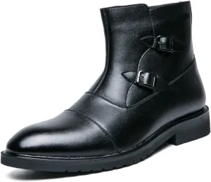 Men's Chelsea Boots Cap Toe With Two Buckle Side Zip Cowhide Leather Wearable Non Anti-slip Waterproof Fashion Dress Slip On