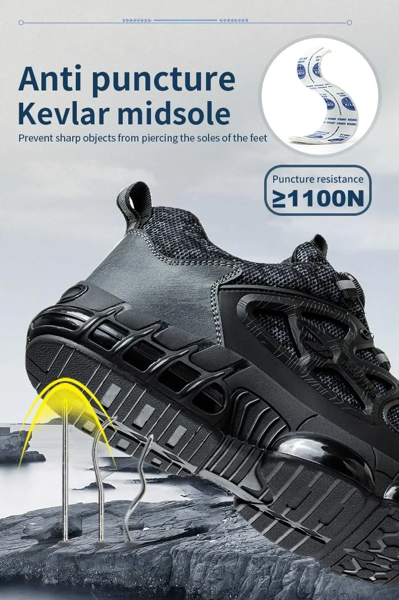 Mens Steel Toe Protective Safety Shoes Swivel Buckle Lace Up Easy to Wear Work Shoes Anti Puncture Breathable Lightweight Air Cushion Work Site Protective Shoes