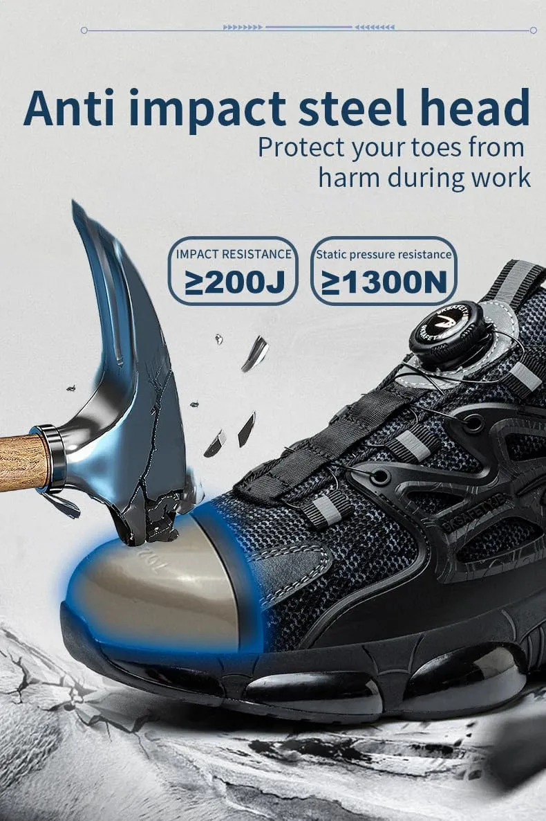 Mens Steel Toe Protective Safety Shoes Swivel Buckle Lace Up Easy to Wear Work Shoes Anti Puncture Breathable Lightweight Air Cushion Work Site Protective Shoes