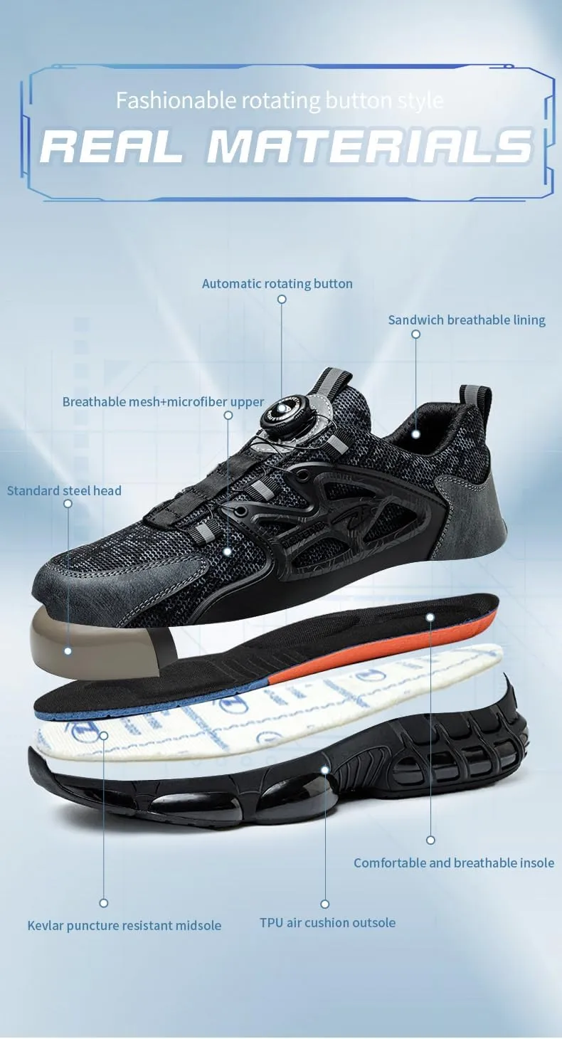 Mens Steel Toe Protective Safety Shoes Swivel Buckle Lace Up Easy to Wear Work Shoes Anti Puncture Breathable Lightweight Air Cushion Work Site Protective Shoes