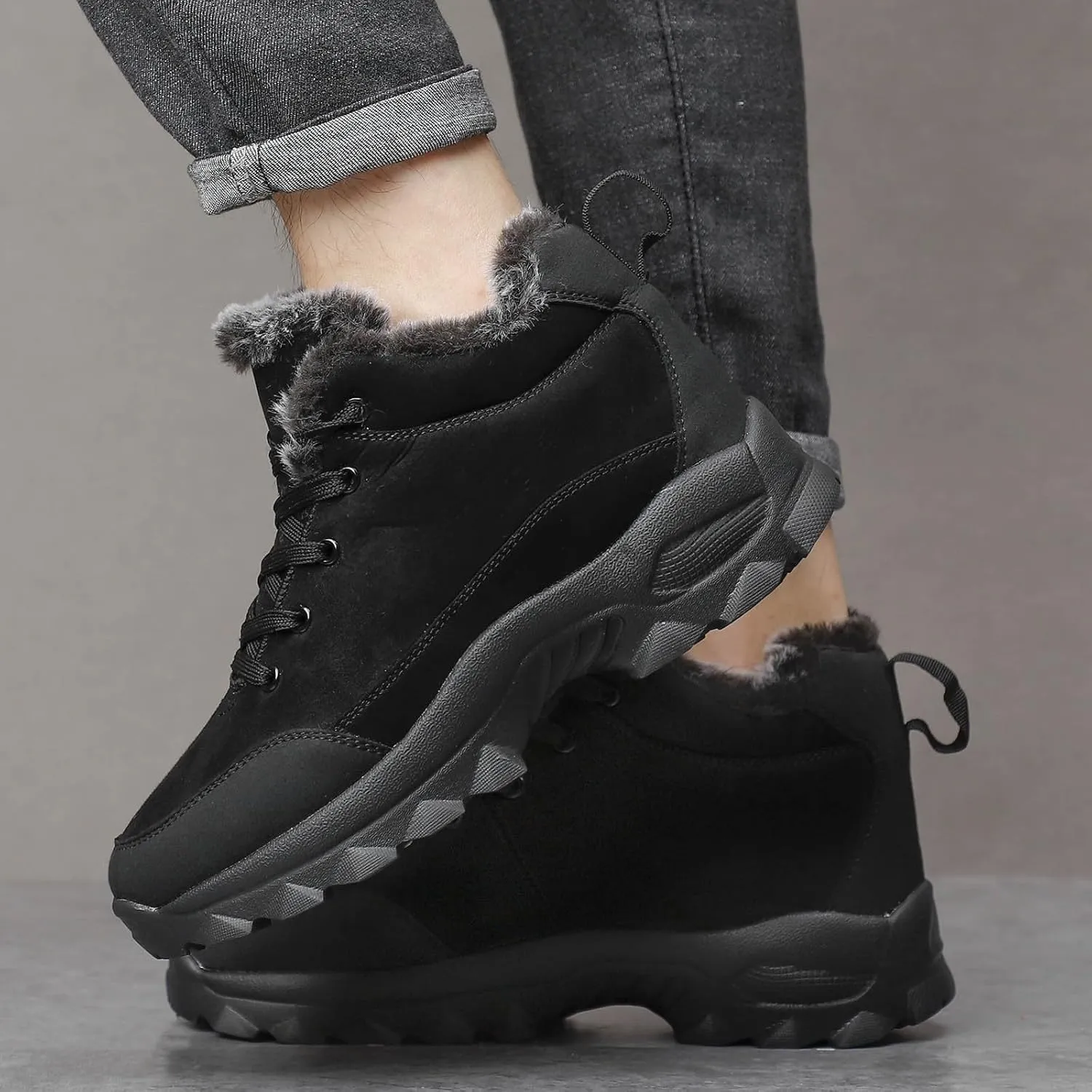 Mens Work Boots Slip On Hiking Sneakers Warm Fur Lined Women Workout Shoes Waterproof Winter Outdoor Botas Waterproof Non Slip Hike Grounded Footwear