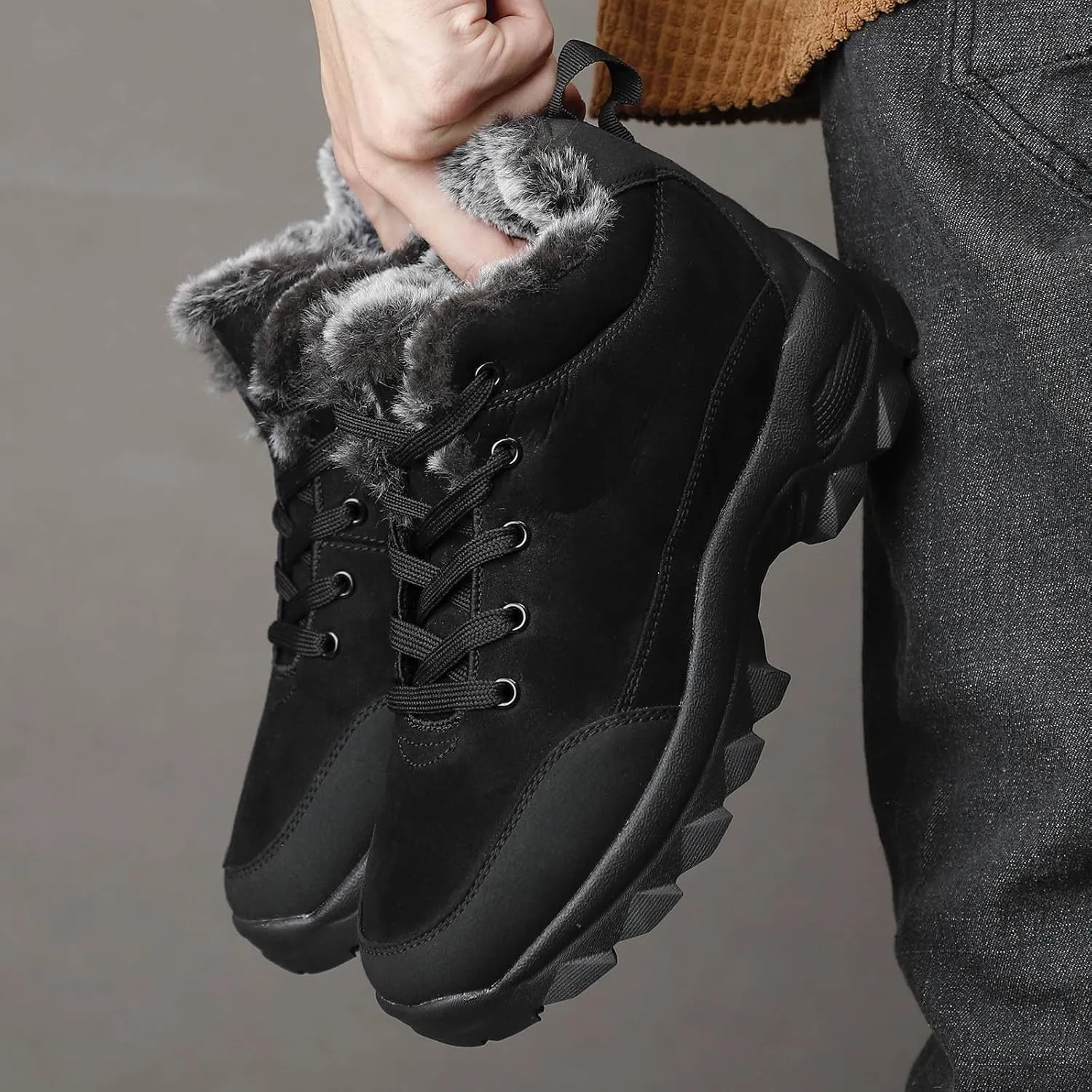 Mens Work Boots Slip On Hiking Sneakers Warm Fur Lined Women Workout Shoes Waterproof Winter Outdoor Botas Waterproof Non Slip Hike Grounded Footwear