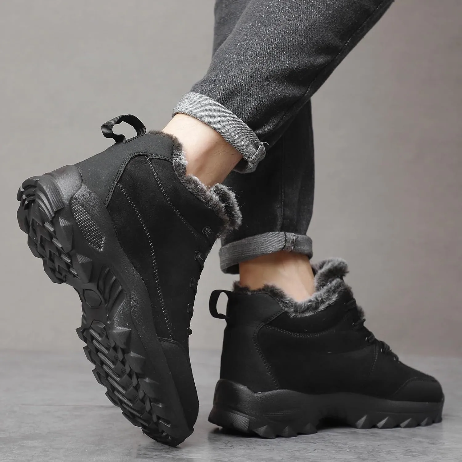 Mens Work Boots Slip On Hiking Sneakers Warm Fur Lined Women Workout Shoes Waterproof Winter Outdoor Botas Waterproof Non Slip Hike Grounded Footwear