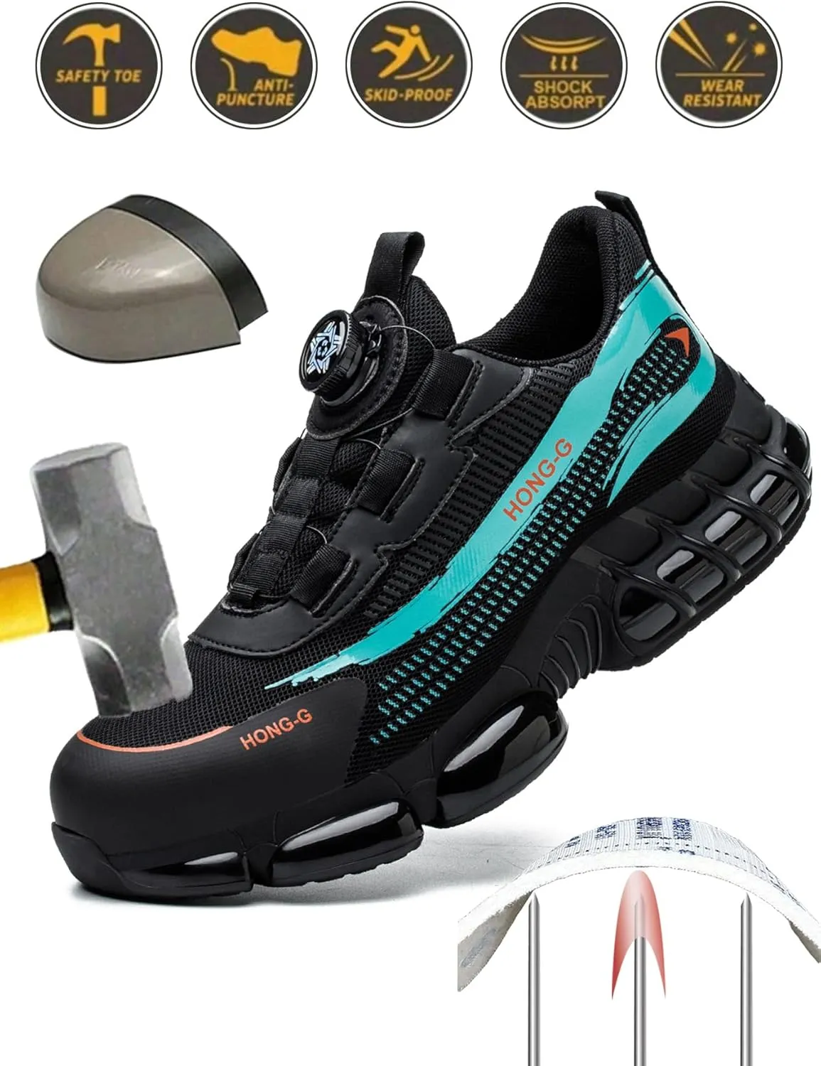 Men's Work Safety Shoes with Rotating Buckle Steel Toe Protection, Puncture Resistant, Breathable, Lightweight Protective Shoes for Women's Work Safety Shoes