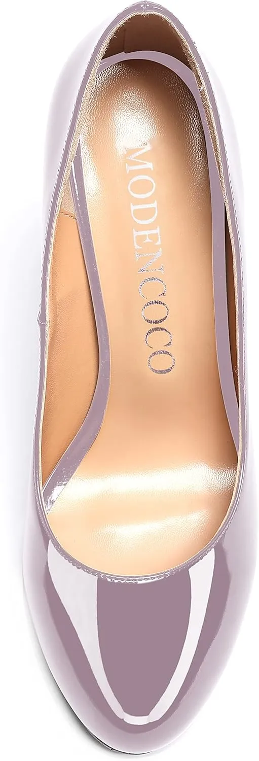 MODENCOCO Women's Round Toe Patent Leather Slip On Stiletto High Heel Pumps Wedding Dress Shoes 3.5 Inch