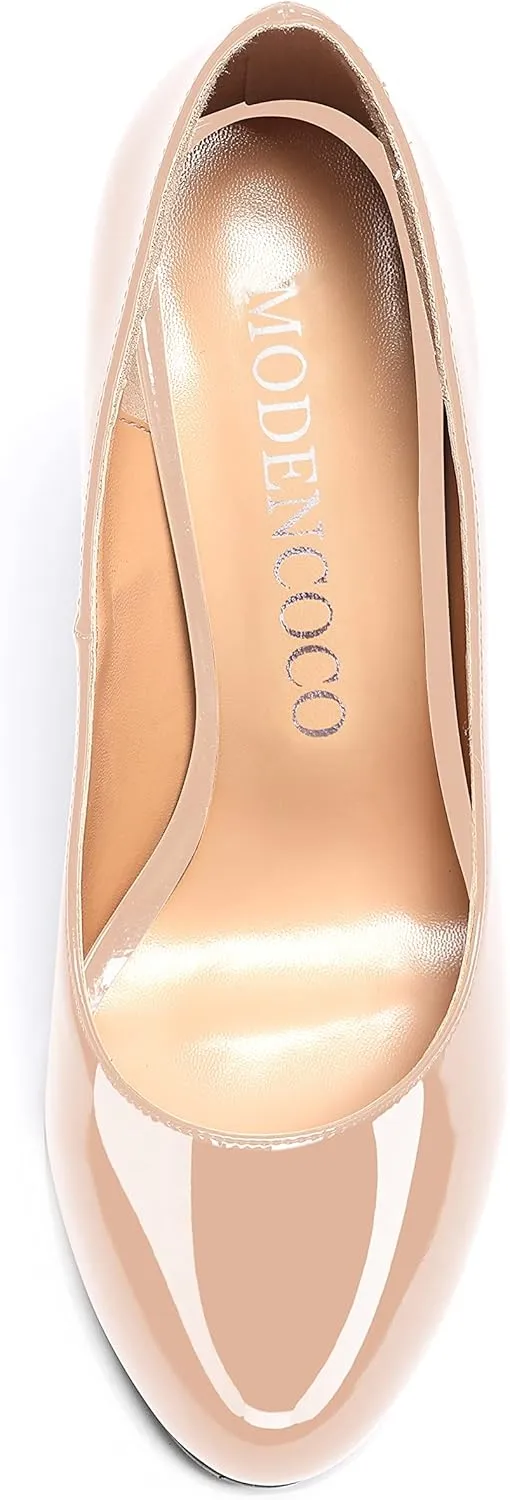 MODENCOCO Women's Round Toe Patent Leather Slip On Stiletto High Heel Pumps Wedding Dress Shoes 3.5 Inch