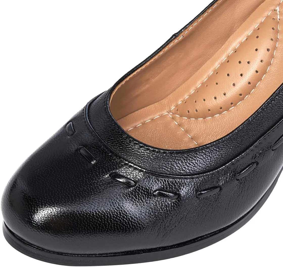 Mona flying Women's Leather Closed Round Toe 3 inch Chunky High Heel Pumps Office Work Dress Shoes for Ladies
