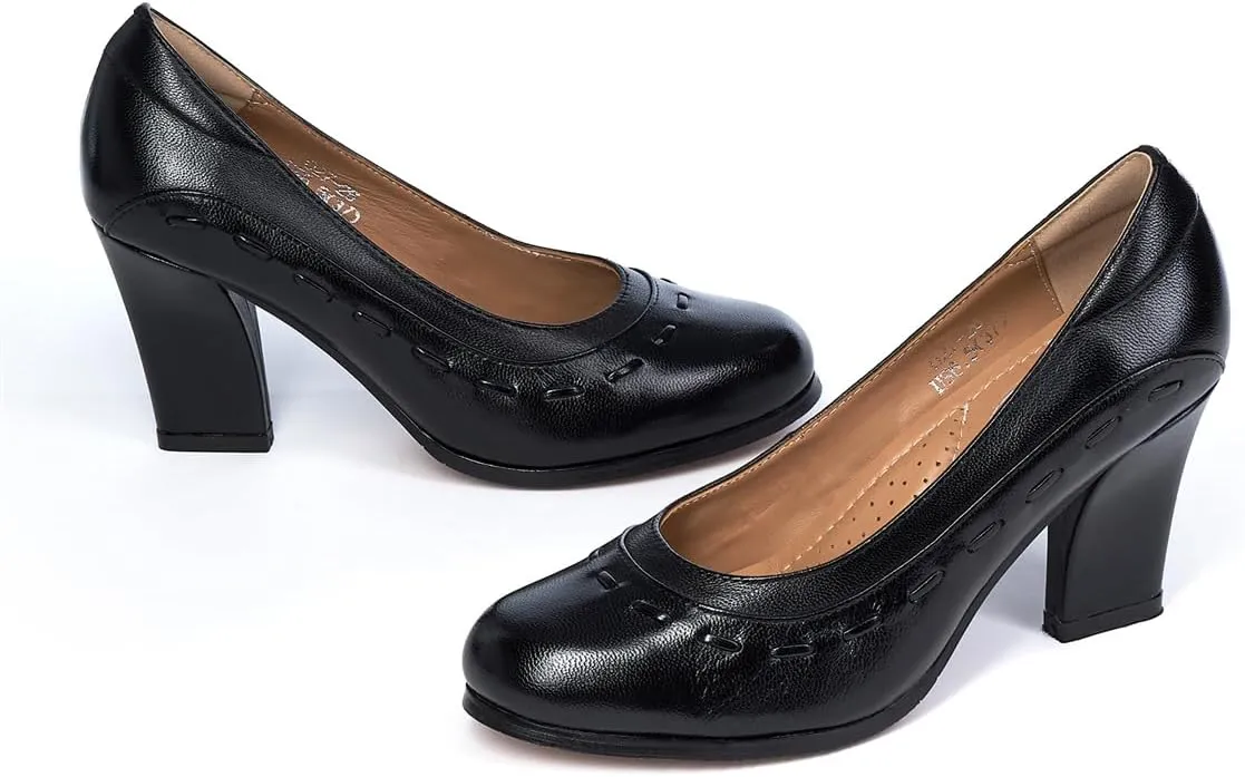 Mona flying Women's Leather Closed Round Toe 3 inch Chunky High Heel Pumps Office Work Dress Shoes for Ladies