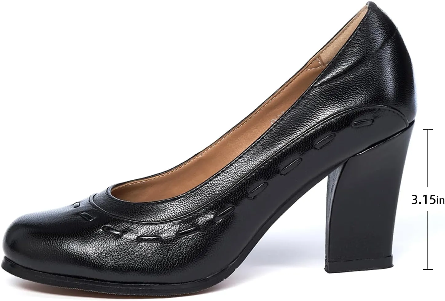 Mona flying Women's Leather Closed Round Toe 3 inch Chunky High Heel Pumps Office Work Dress Shoes for Ladies