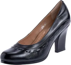 Mona flying Women's Leather Closed Round Toe 3 inch Chunky High Heel Pumps Office Work Dress Shoes for Ladies