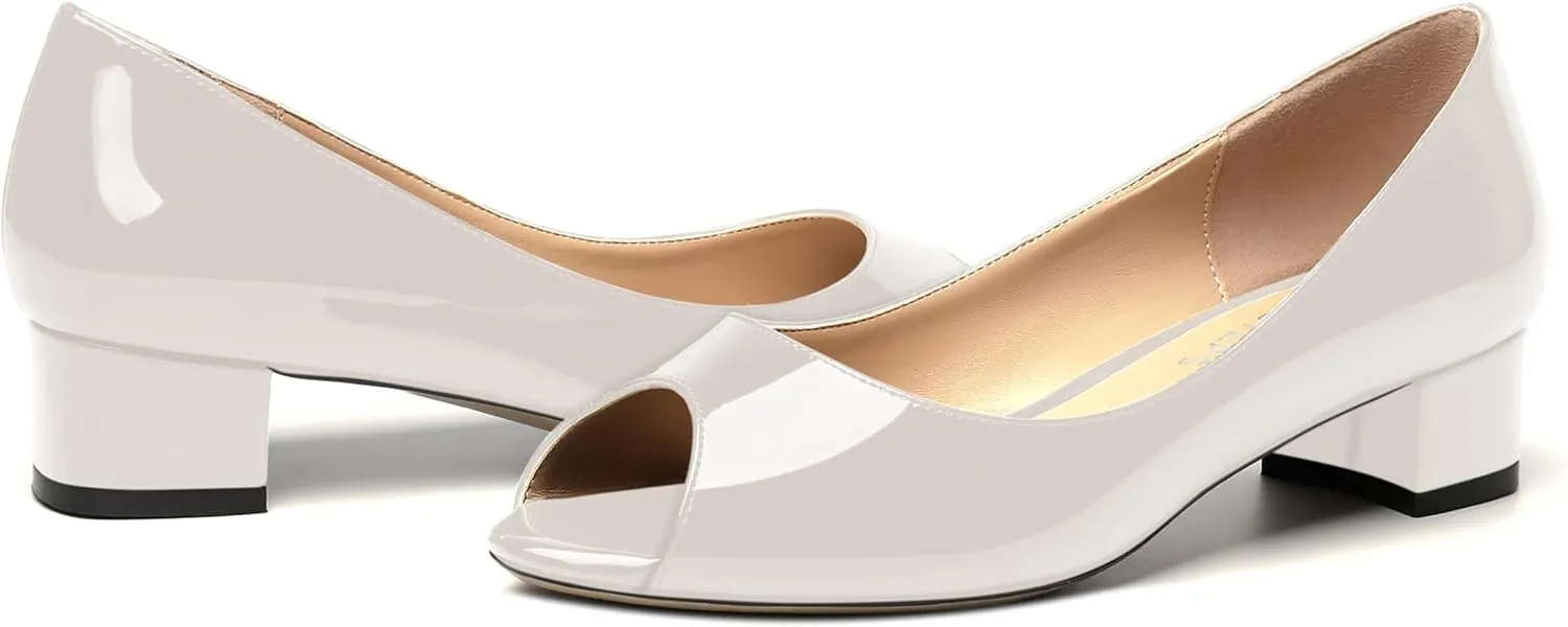 MOVINSTEPS Womens Casual Patent Slip On Dating Peep Toe Chunky Low Heel Pumps Shoes 1.5 Inch
