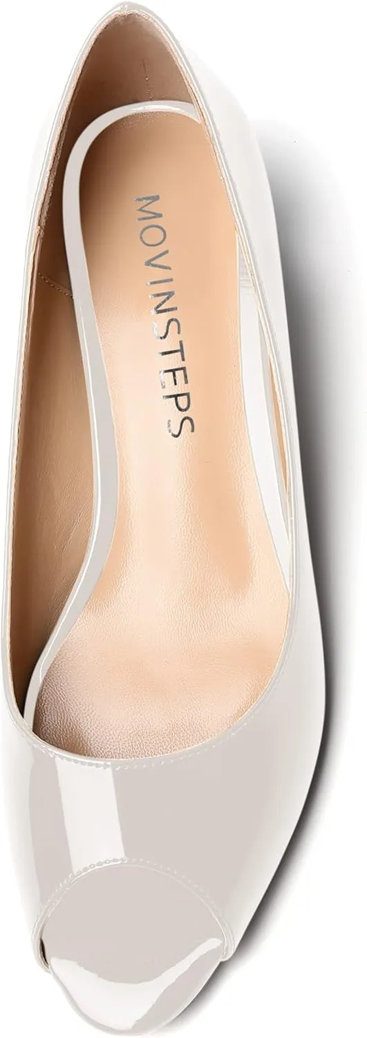 MOVINSTEPS Womens Casual Patent Slip On Dating Peep Toe Chunky Low Heel Pumps Shoes 1.5 Inch