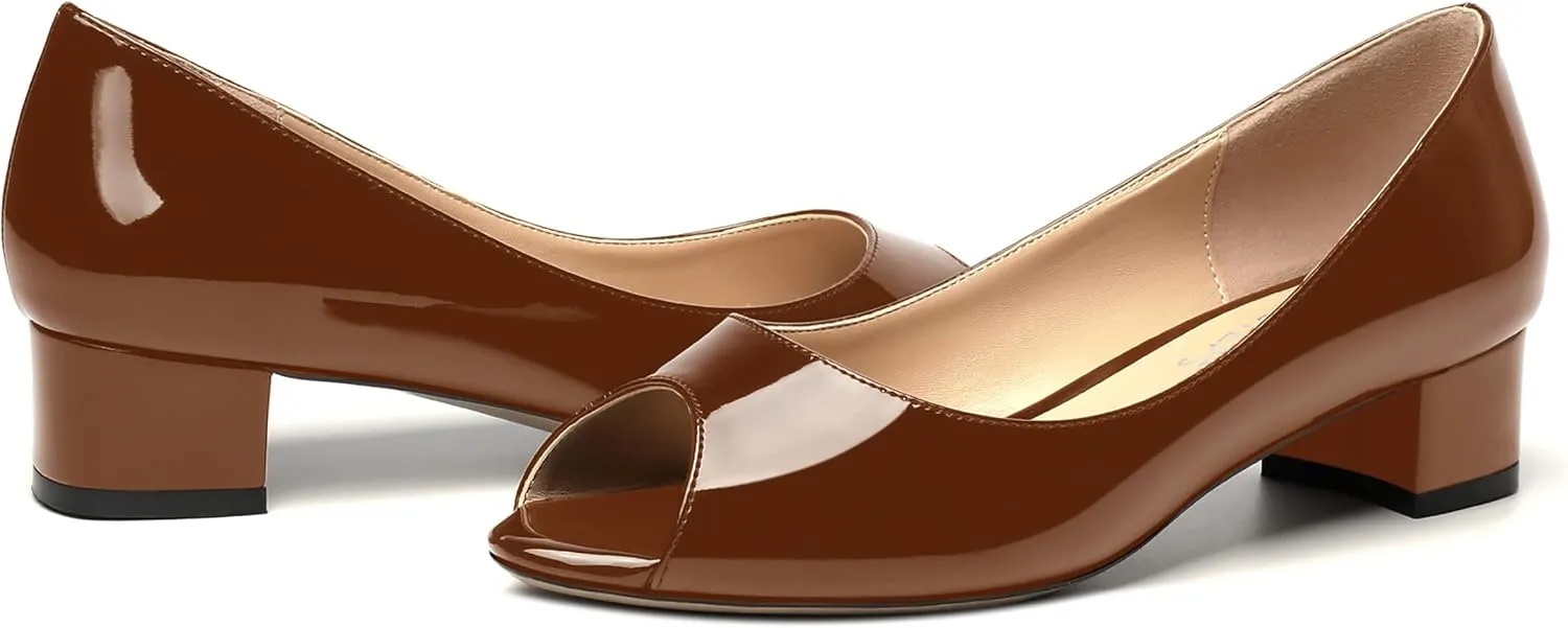 MOVINSTEPS Womens Casual Patent Slip On Dating Peep Toe Chunky Low Heel Pumps Shoes 1.5 Inch