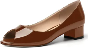 MOVINSTEPS Womens Casual Patent Slip On Dating Peep Toe Chunky Low Heel Pumps Shoes 1.5 Inch