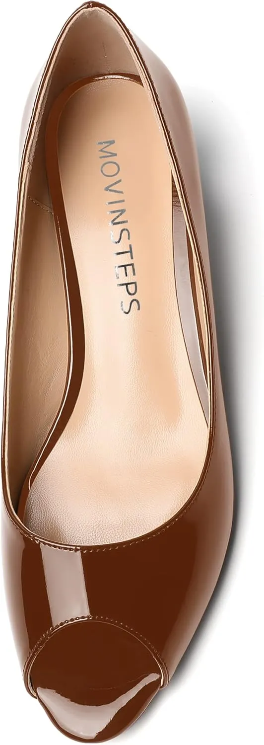 MOVINSTEPS Womens Casual Patent Slip On Dating Peep Toe Chunky Low Heel Pumps Shoes 1.5 Inch
