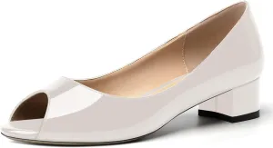 MOVINSTEPS Womens Casual Patent Slip On Dating Peep Toe Chunky Low Heel Pumps Shoes 1.5 Inch